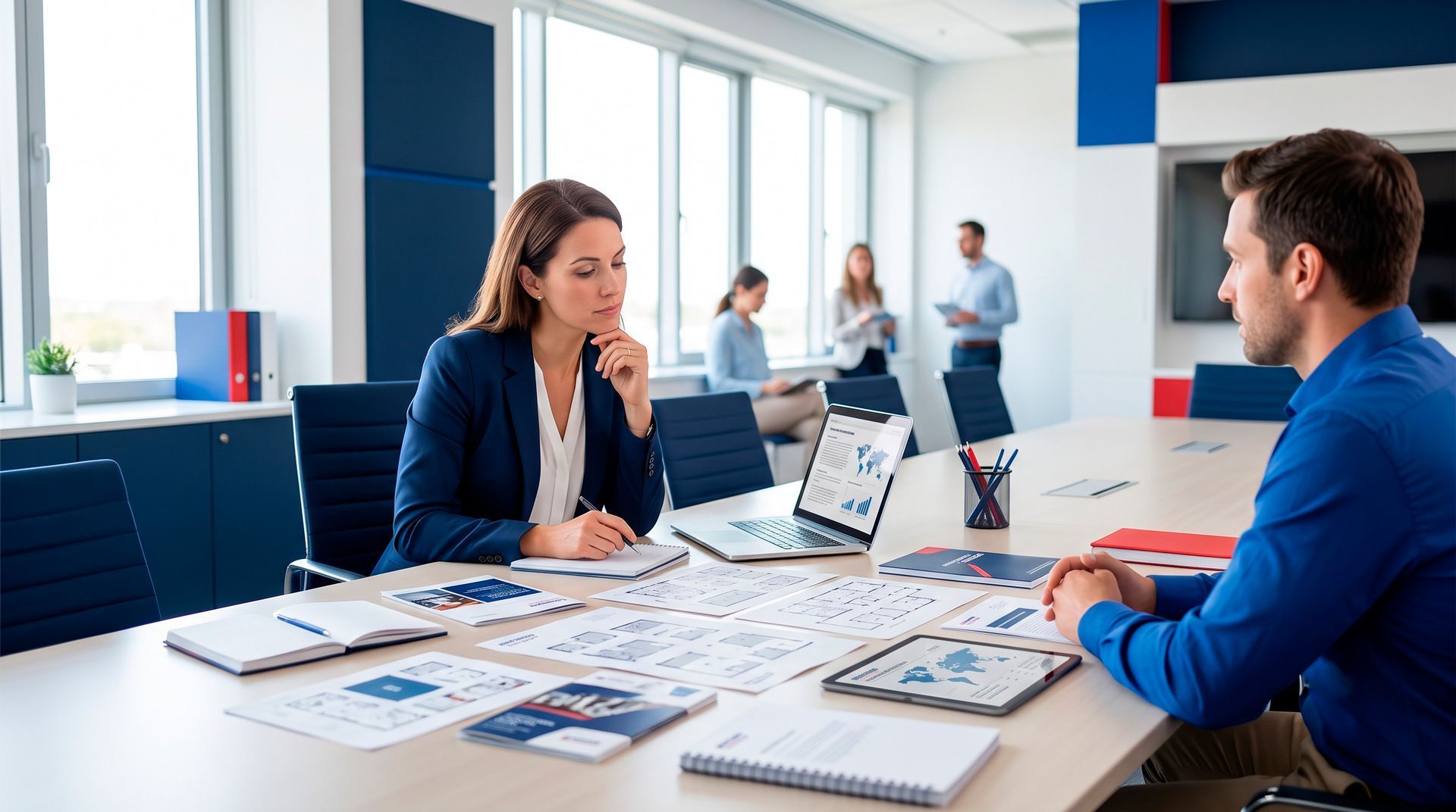 Two coworkers reviewing charts at a conference table in a bright office, with laptops and documents spread out.