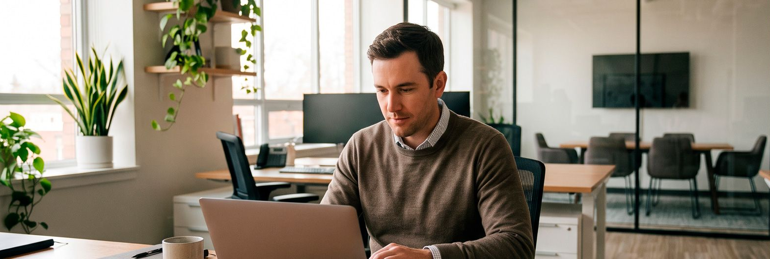 Sales professional reviewing booth notes and business cards to follow up with trade show leads