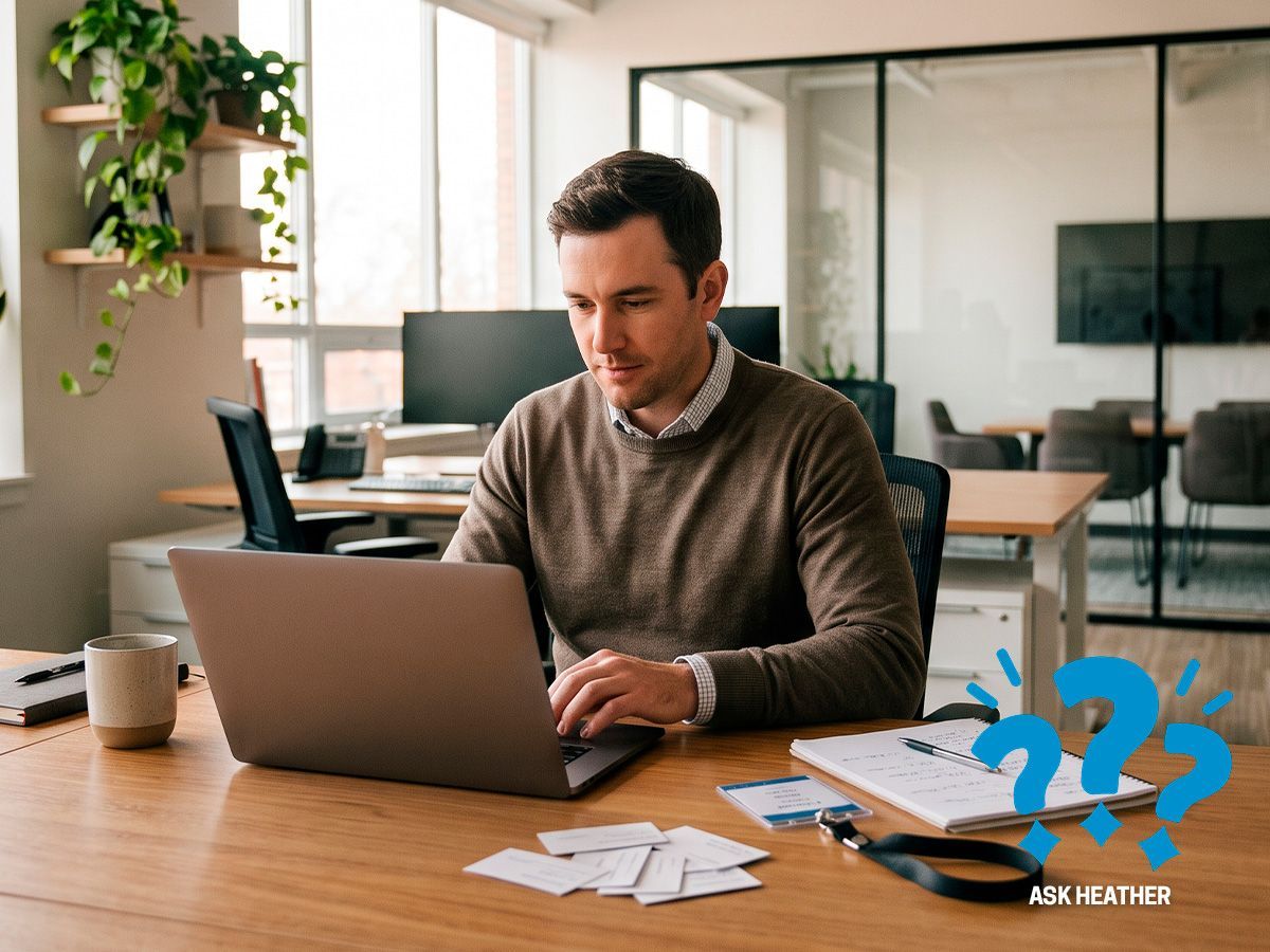 Sales professional reviewing booth notes and business cards to follow up with trade show leads