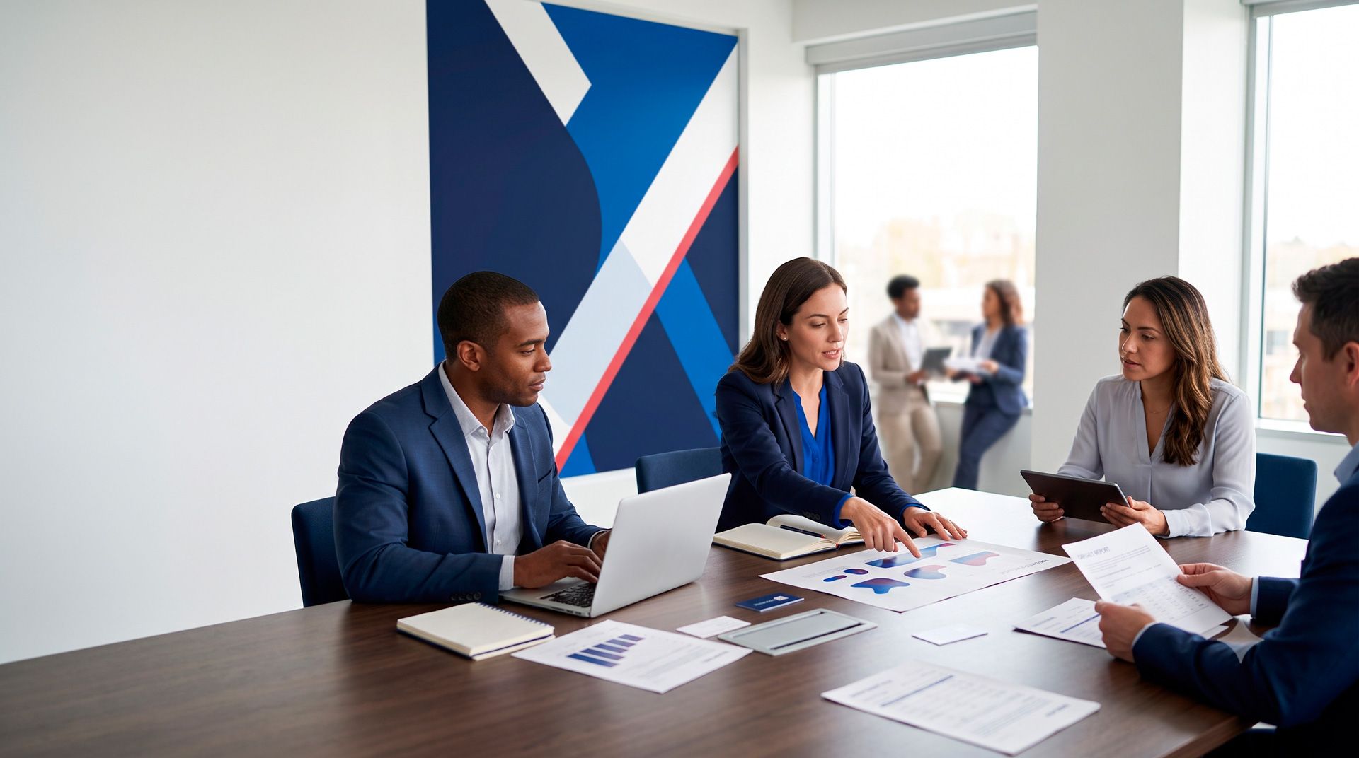 People in a meeting around a conference table, reviewing documents in a bright office.