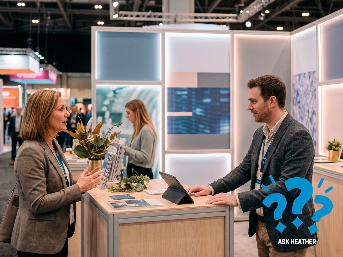 Booth staff member qualifying a trade show lead by listening to an attendee at a busy exhibit booth