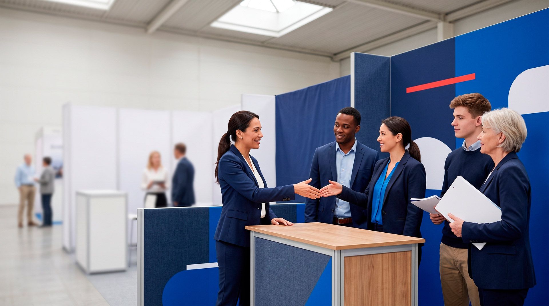 Job fair booth where a recruiter shakes hands with a visitor, with other staff standing nearby.