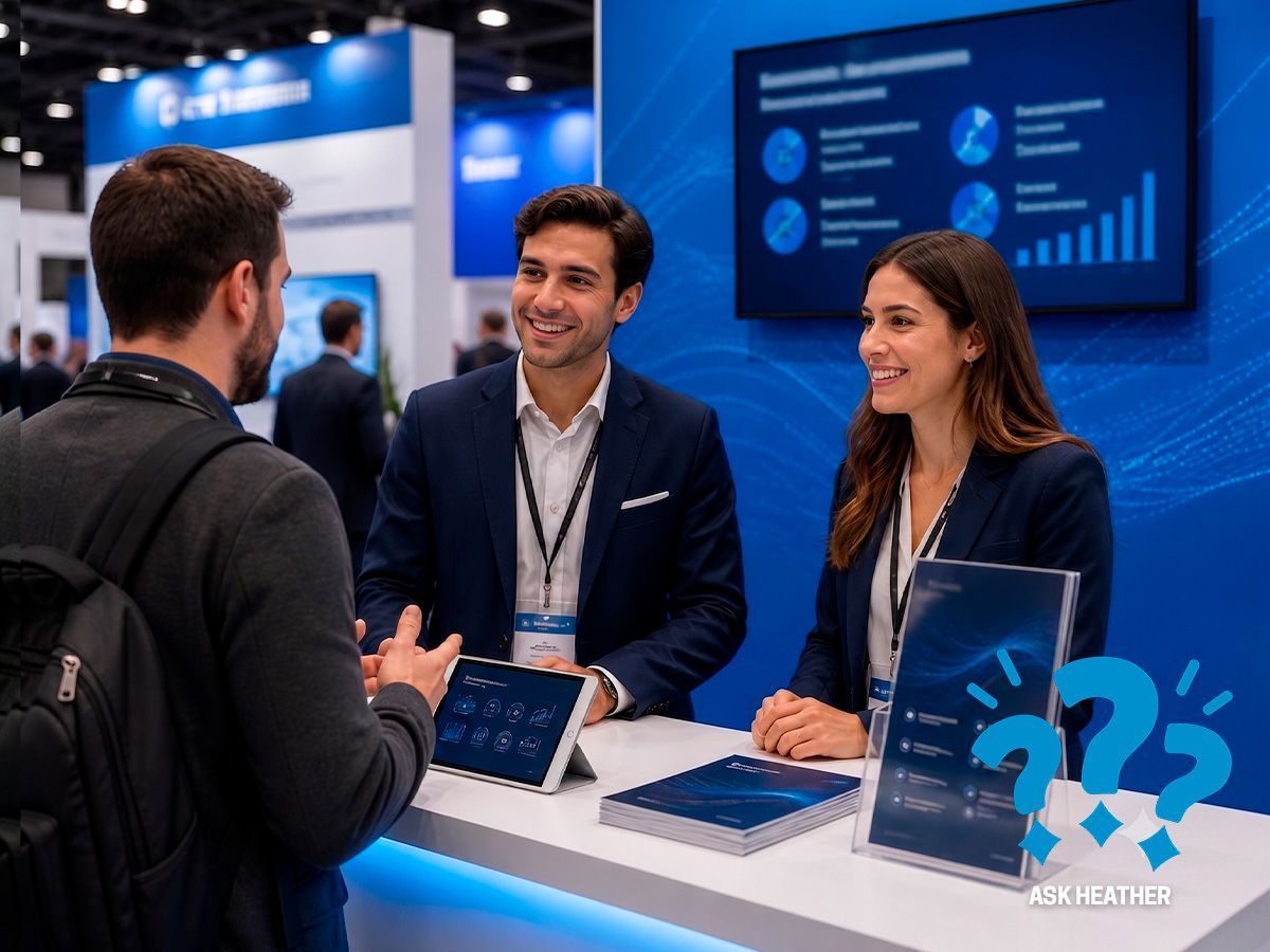 Image of two trade show people talking to a booth visitor