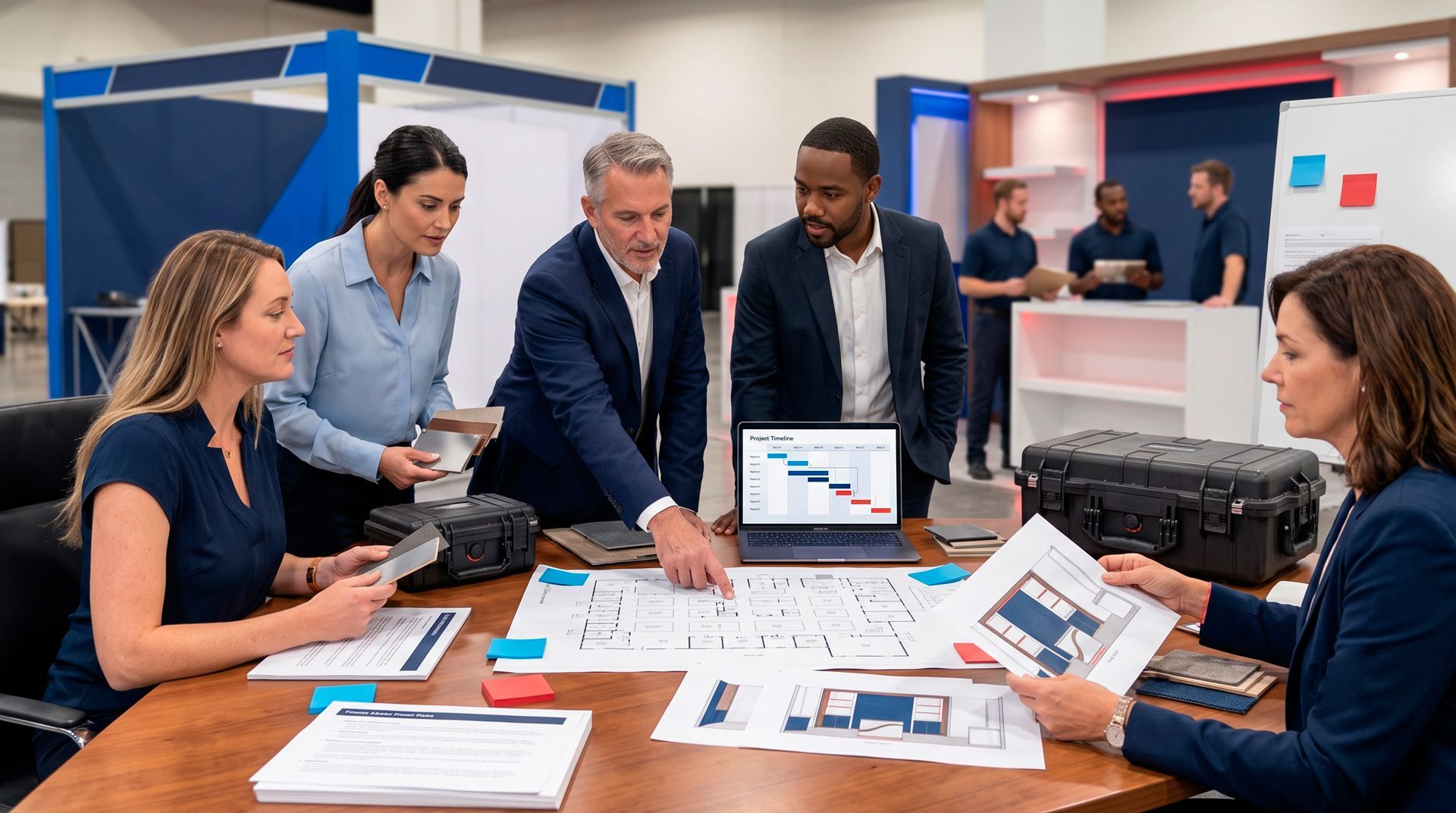 Colleagues in a meeting reviewing charts and a laptop around a conference table in an office