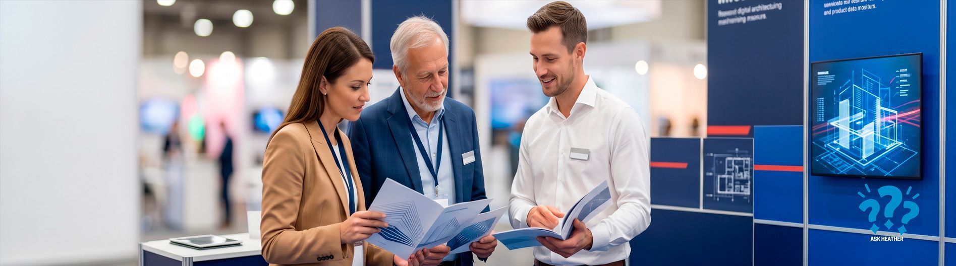 Three professionals discussing brochures at a tech trade show booth with blue display panels