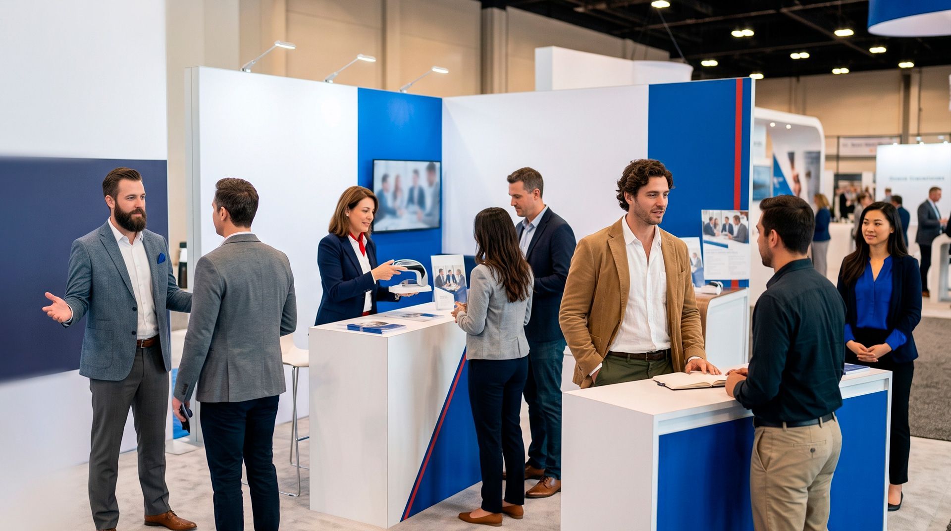 People networking at a trade show booth with blue-and-white displays and counters