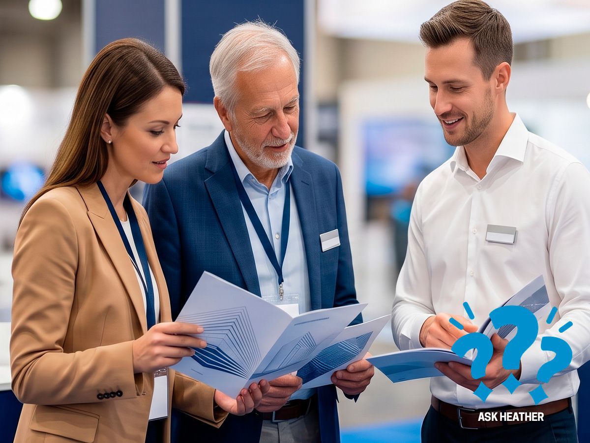 Three business people reviewing papers at a trade show booth with blue digital displays