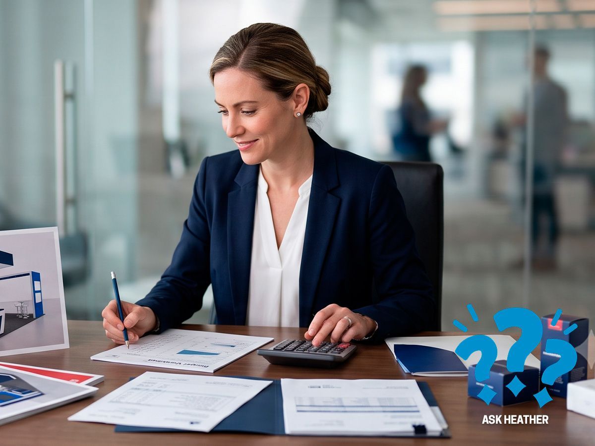 Woman at a desk reviewing how much a trade show costs next to a laptop in an office