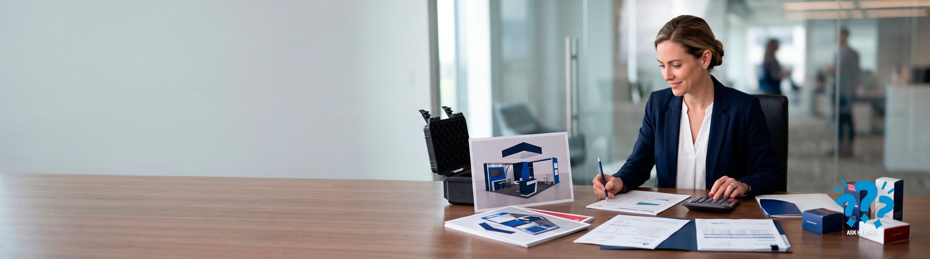 Person working at a desk with papers, laptop, and office supplies in a bright office