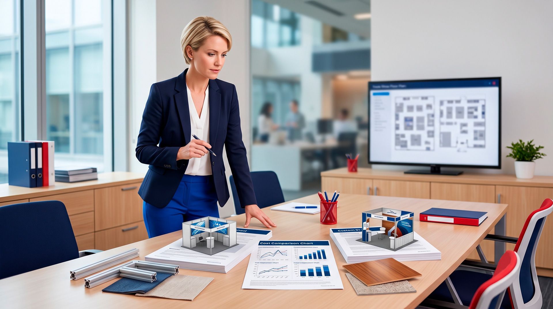 Businesswoman reviewing charts in a modern conference room with a presentation screen and office materials.