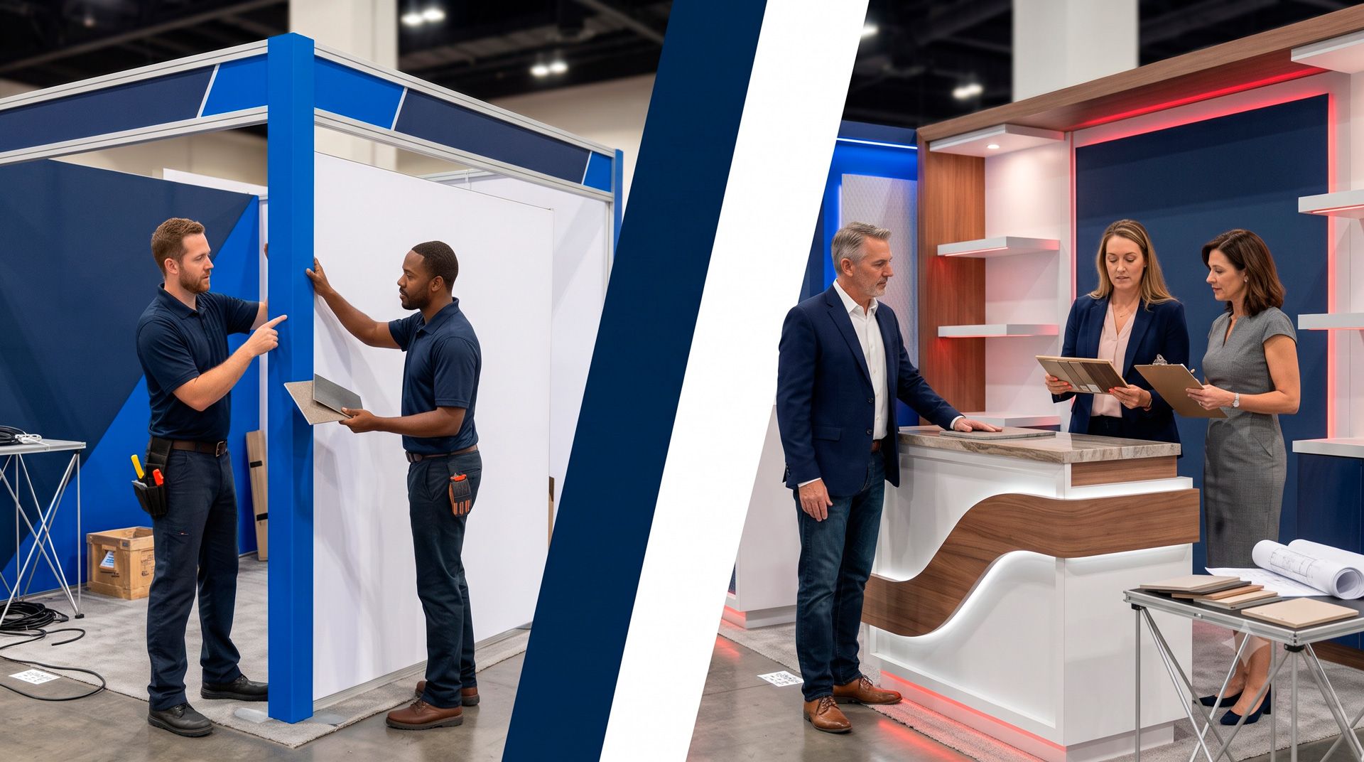 People setting up trade show booths, one blue and one white with a wood counter and two presenters.