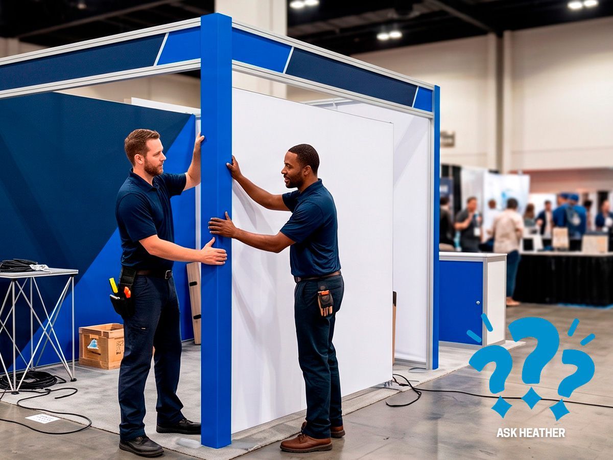 Trade show booth with blue-and-white displays; two people assemble a frame while others browse in the background
