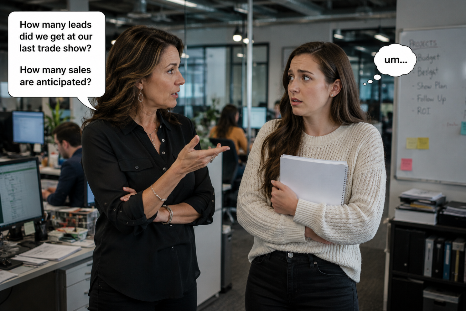 Picture of a marketing manager asking her employee about leads at the show