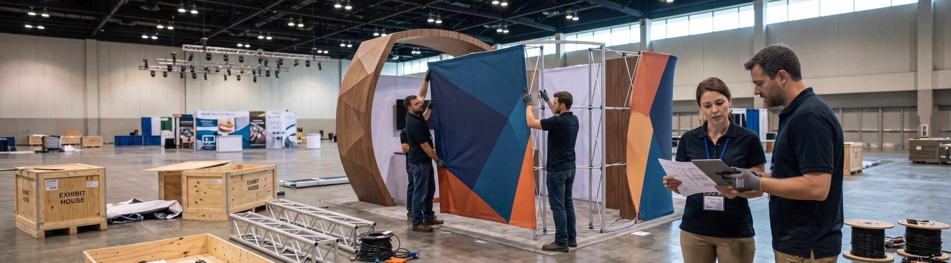 Exhibit house installation crew hanging a blue and orange graphic banner on a trade show booth frame
