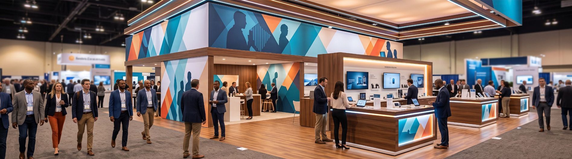 Attendees gather at a professionally designed trade show booth built by an exhibit house, with blue and orange displays