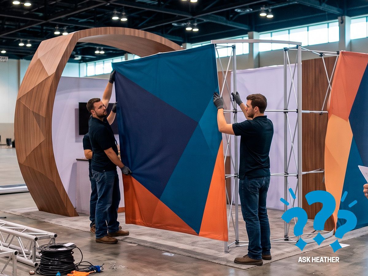 Exhibit house installation crew hanging a blue and orange graphic banner on a trade show booth frame