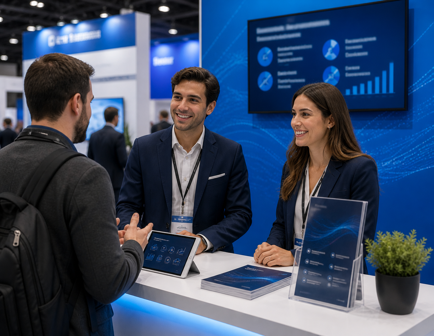Business booth with two presenters talking to a visitor, blue-lit display screens behind them
