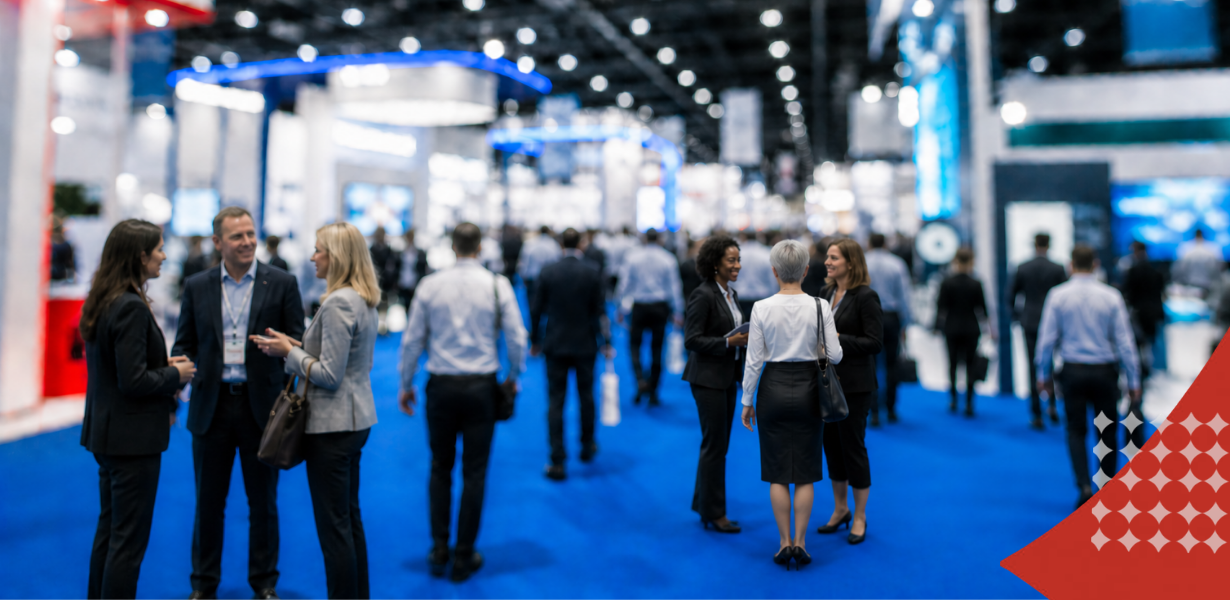 Crowd walking through a blue-carpeted trade show hall with bright booth lights