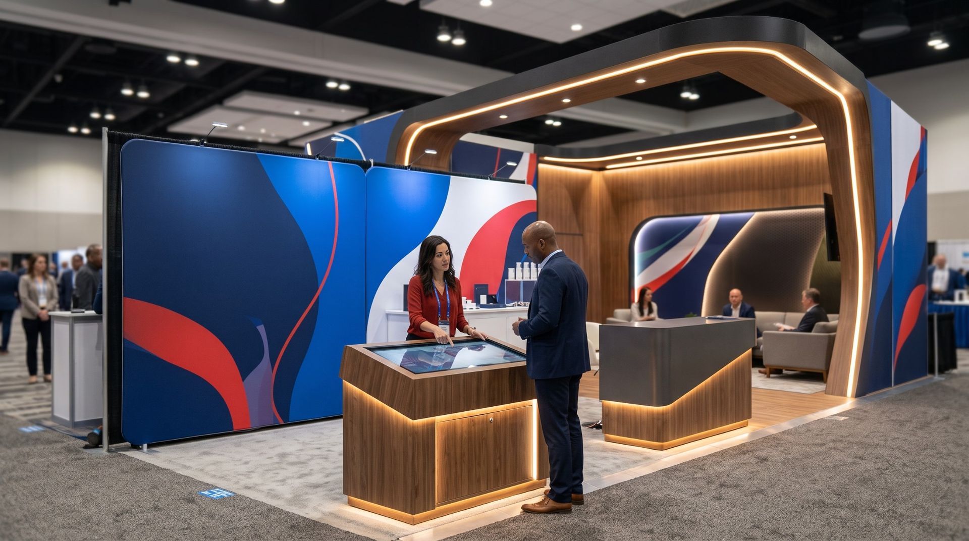 Modern hybrid trade show exhibit combining modular fabric backwalls with custom reception counters and illuminated product display pedestals.