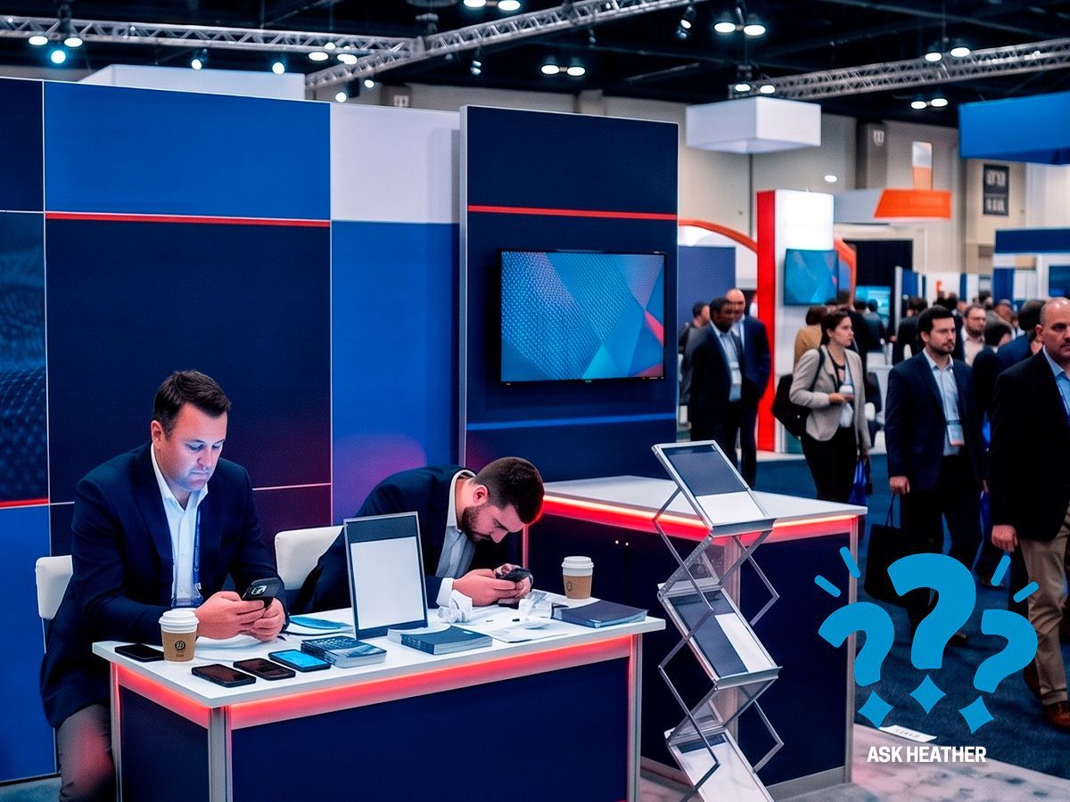 Trade show booth with two staff at a table, blue-lit convention hall, and attendees browsing nearby.