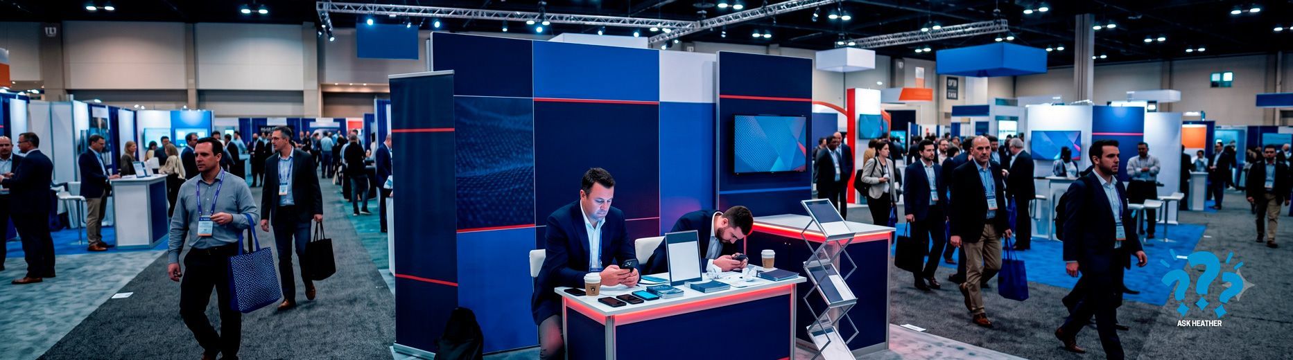 Busy convention hall with booths, attendees, and a central red table under blue partitions.