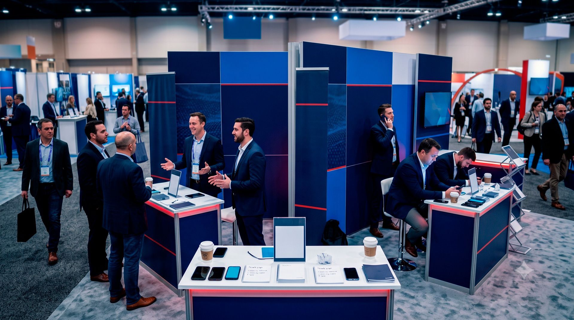 Indoor trade show booths with people networking around blue display counters and product demos