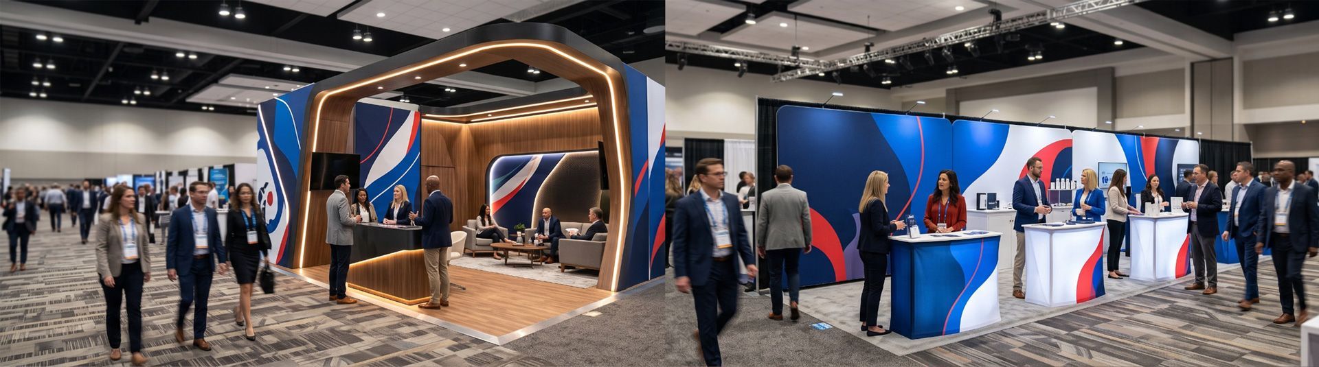 Side-by-side comparison of a custom trade show booth with architectural accent lighting and a versatile modular booth display in a busy convention center.