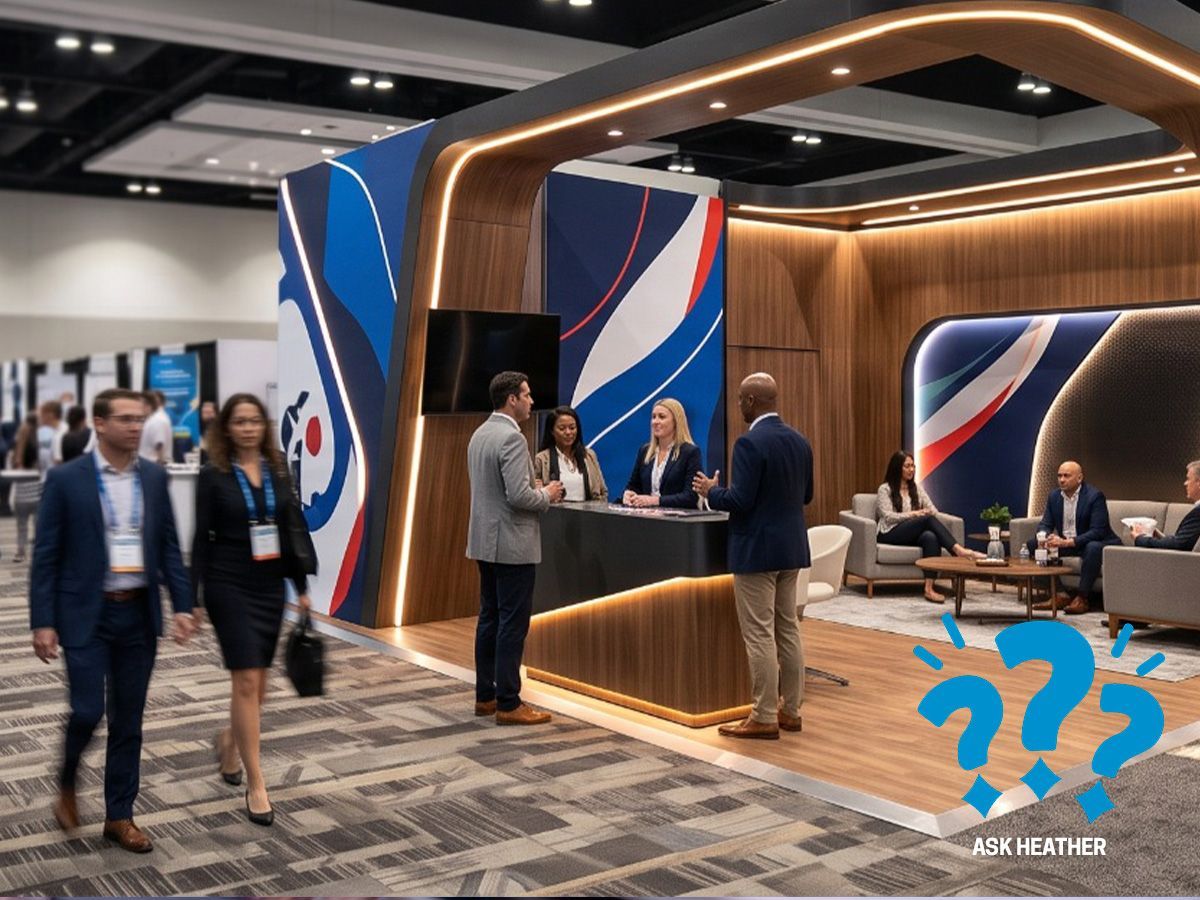 Side-by-side comparison of a custom trade show booth with architectural accent lighting and a versat