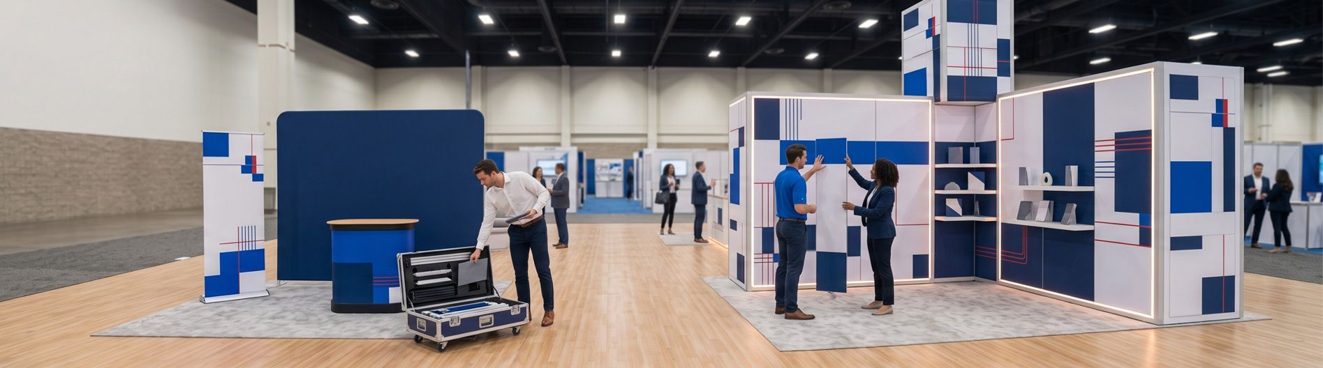 Side-by-side comparison of a portable and modular trade show exhibit in a convention center