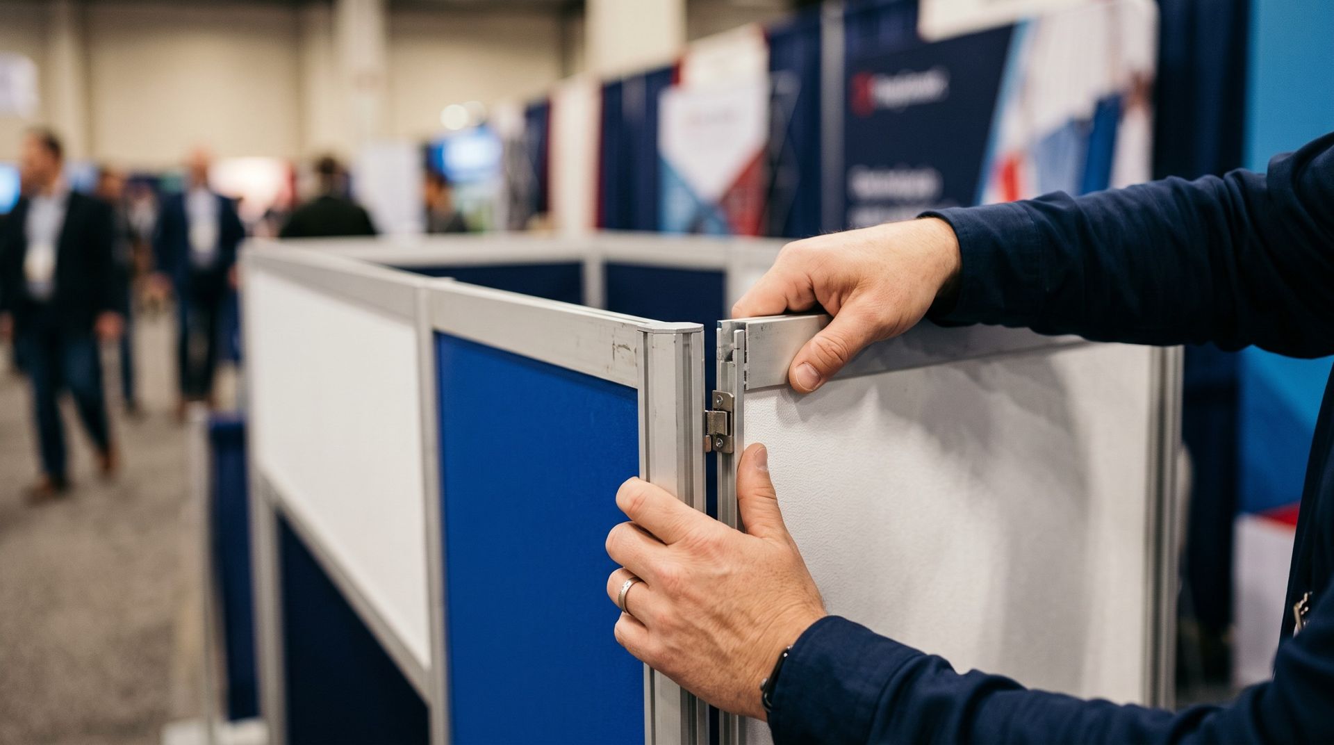 Hands assembling a modular trade show exhibit panel with a portable display in the background