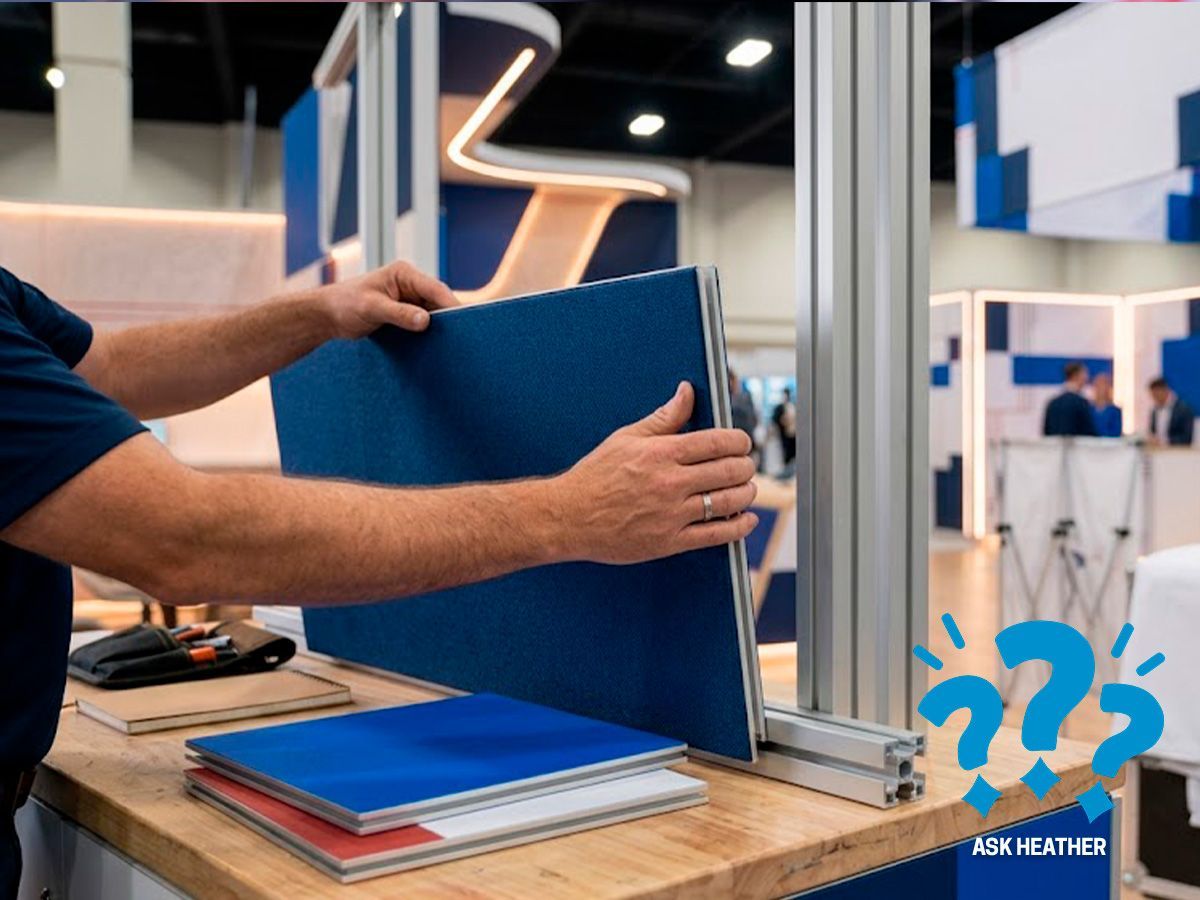 Side-by-side comparison of a portable and modular trade show exhibit in a convention center