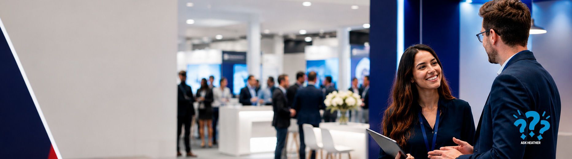Two people talking at a trade show booth in a bright exhibition hall, with attendees in the background