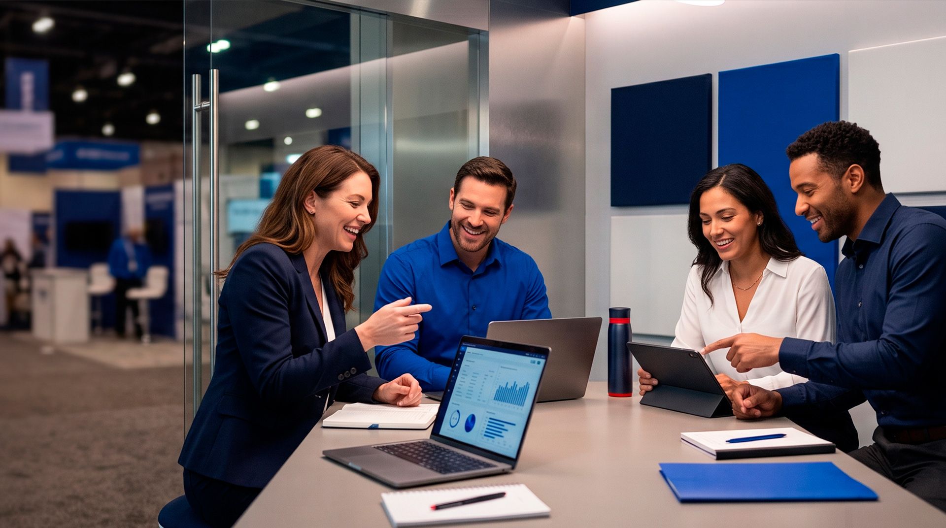 Four colleagues collaborating around a table with laptops and papers in a modern office meeting room