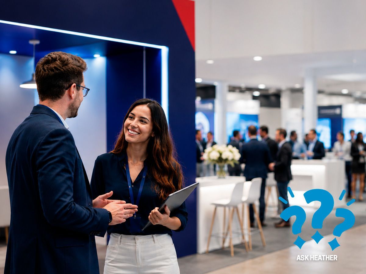 Two people chatting at a trade show booth in a bright exhibition hall