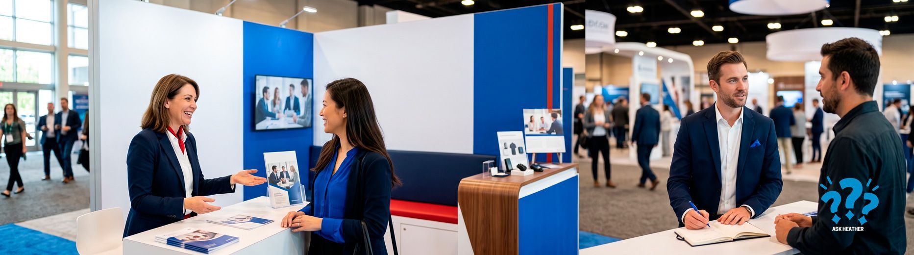 Business expo booth with two people talking at a blue-and-white display, with attendees in the background