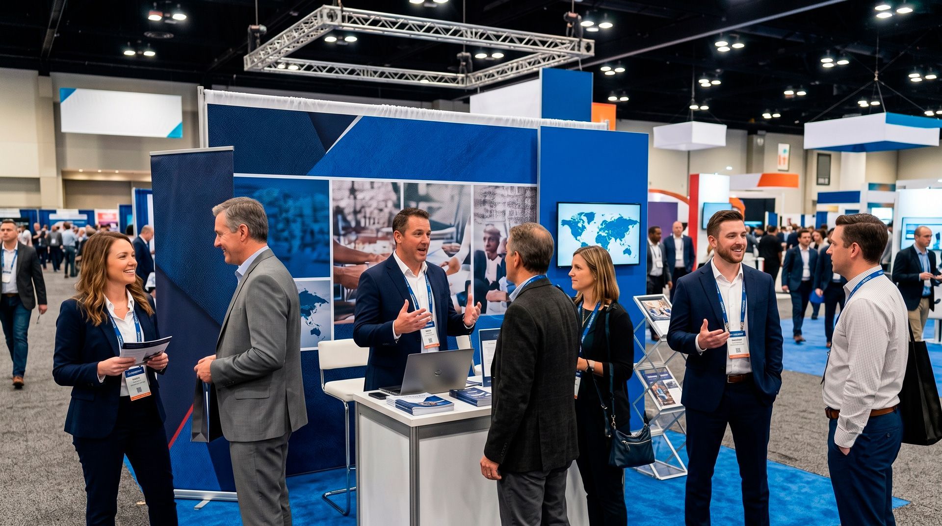 People networking at a trade show booth under blue lights, with brochures and display monitors.