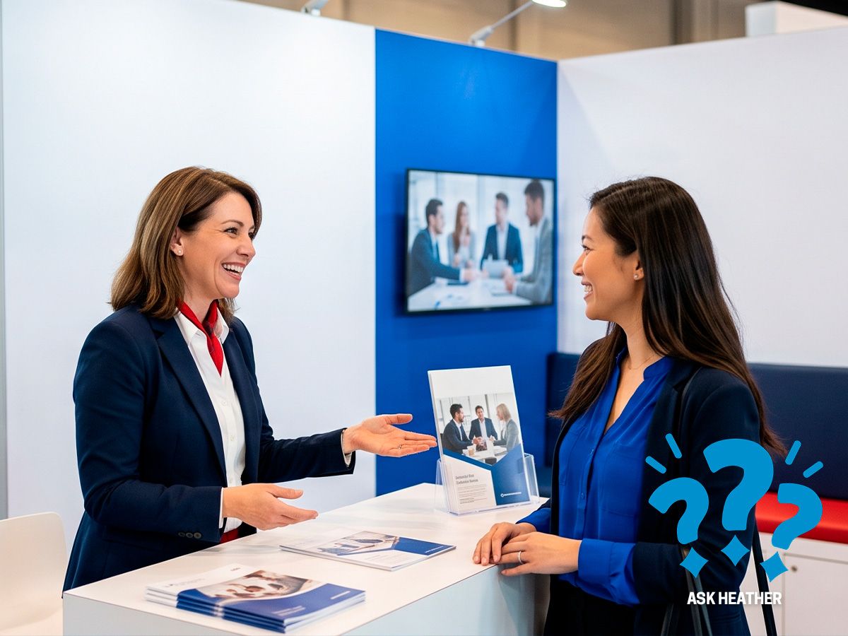 Staff talking at a trade show booth with blue signage and brochures