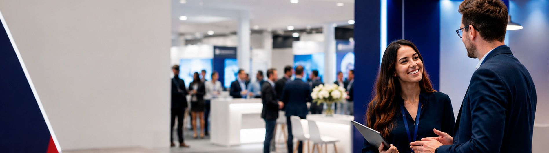 Two people talking at a trade show booth in a bright exhibition hall, with attendees in the background