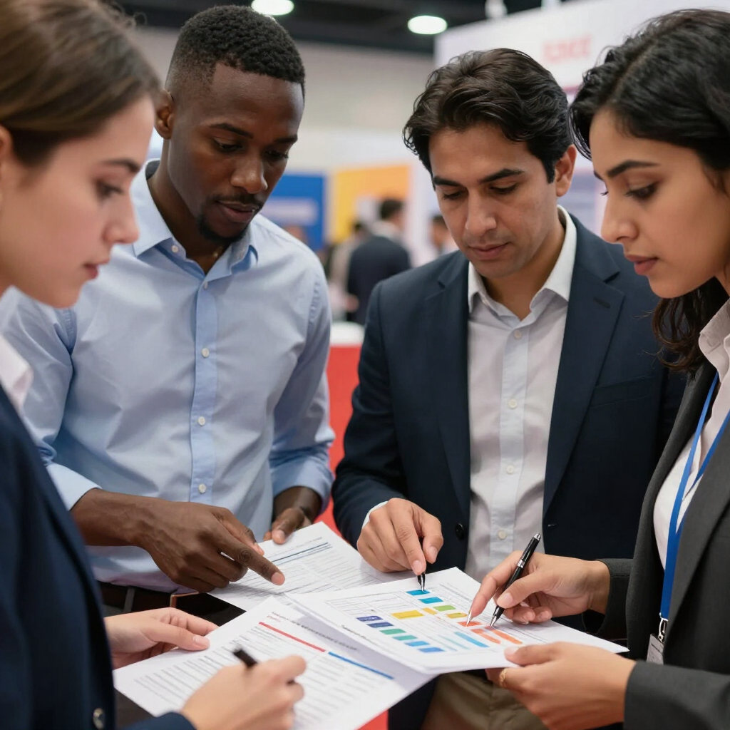 Four colleagues review printed charts together at a business event booth.