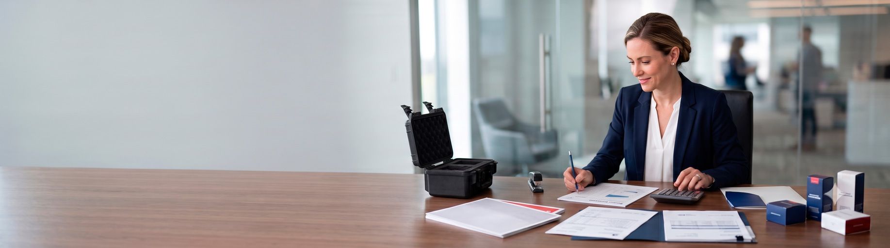 Person working at a desk with papers, laptop, and office supplies in a bright office