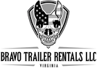 Logo for Bravo Trailer Rentals LLC, featuring a stylized skull with American flag patterning inside a shield shape.
