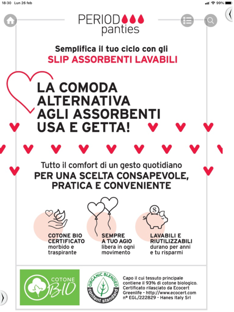 Pubblicità di mutandine mestruali. Design rosa e bianco che promuove la biancheria intima assorbente lavabile come alternativa agli assorbenti usa e getta.