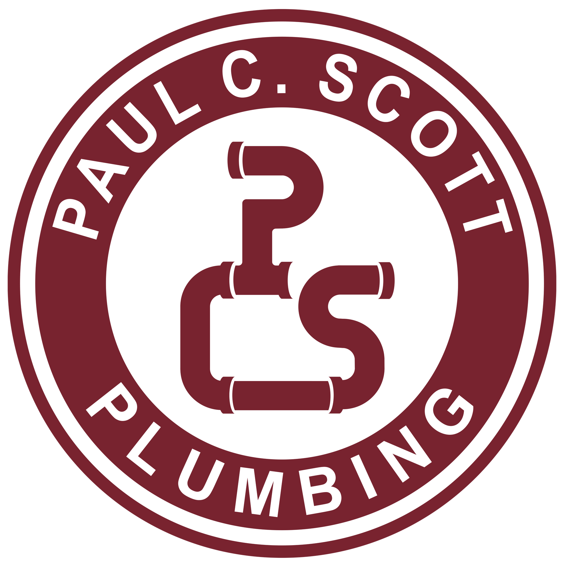 A logo for paul c. scott plumbing with a pipe in the center
