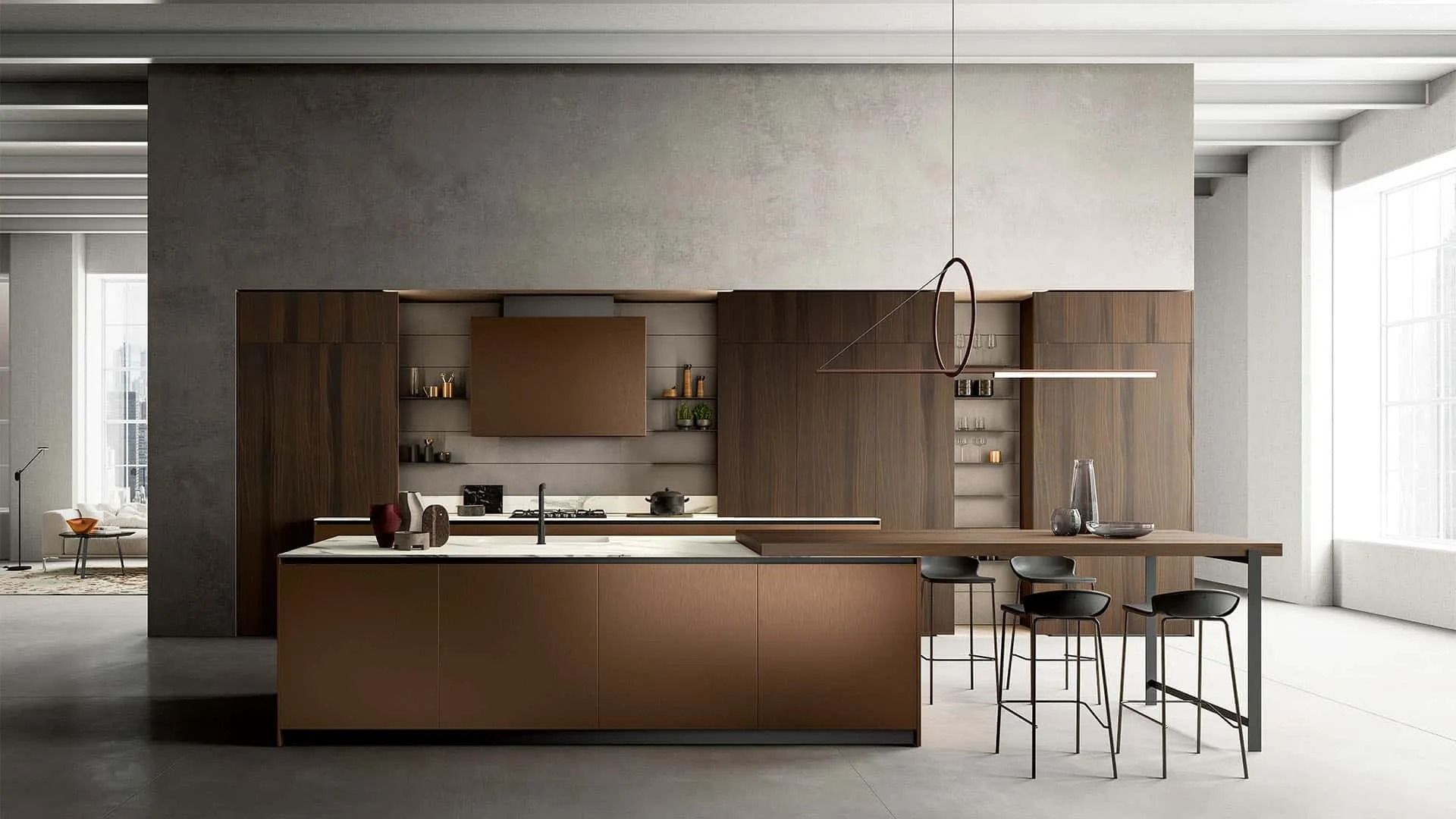 Cucina moderna e minimalista con mobili in legno, isola in marmo e tavolo da pranzo in un luminoso ambiente aperto.