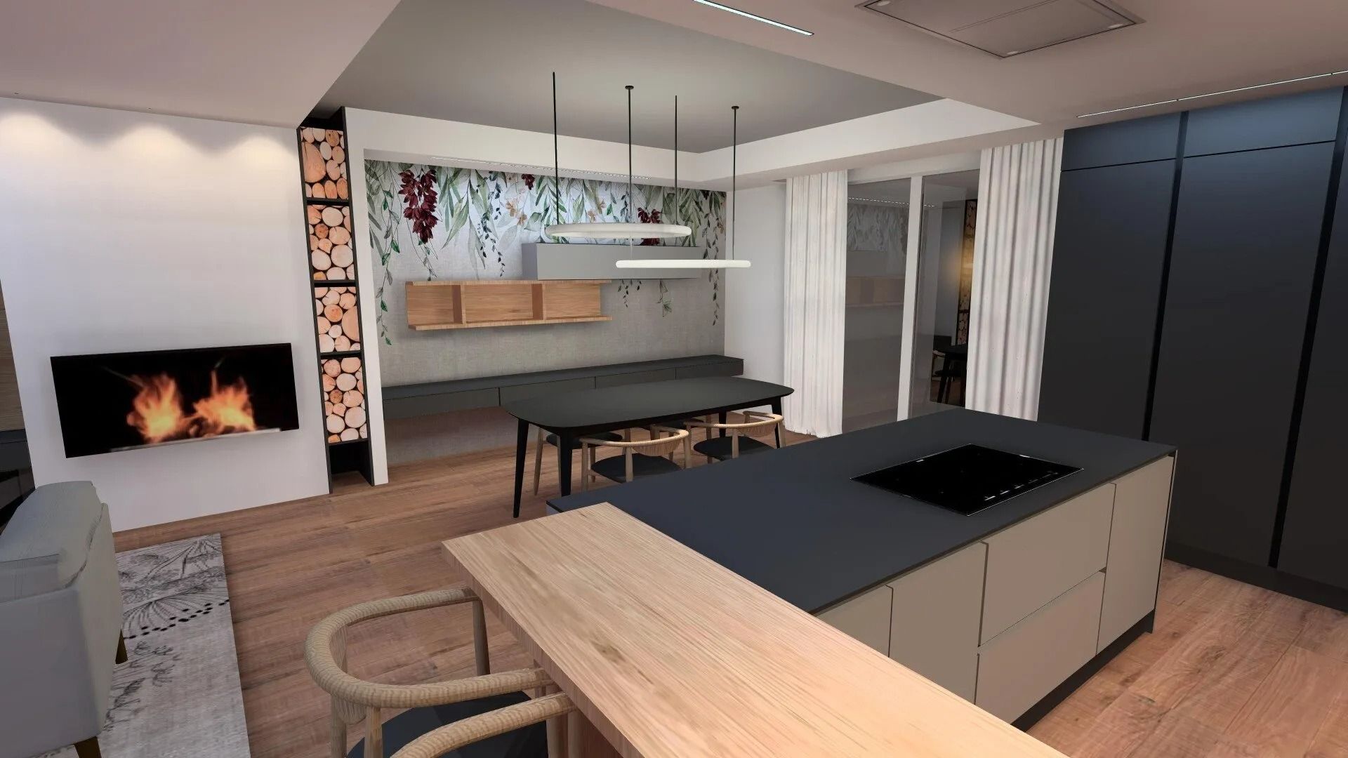 Cucina moderna a pianta aperta e zona giorno con isola, tavolo da pranzo, camino e ampie finestre.