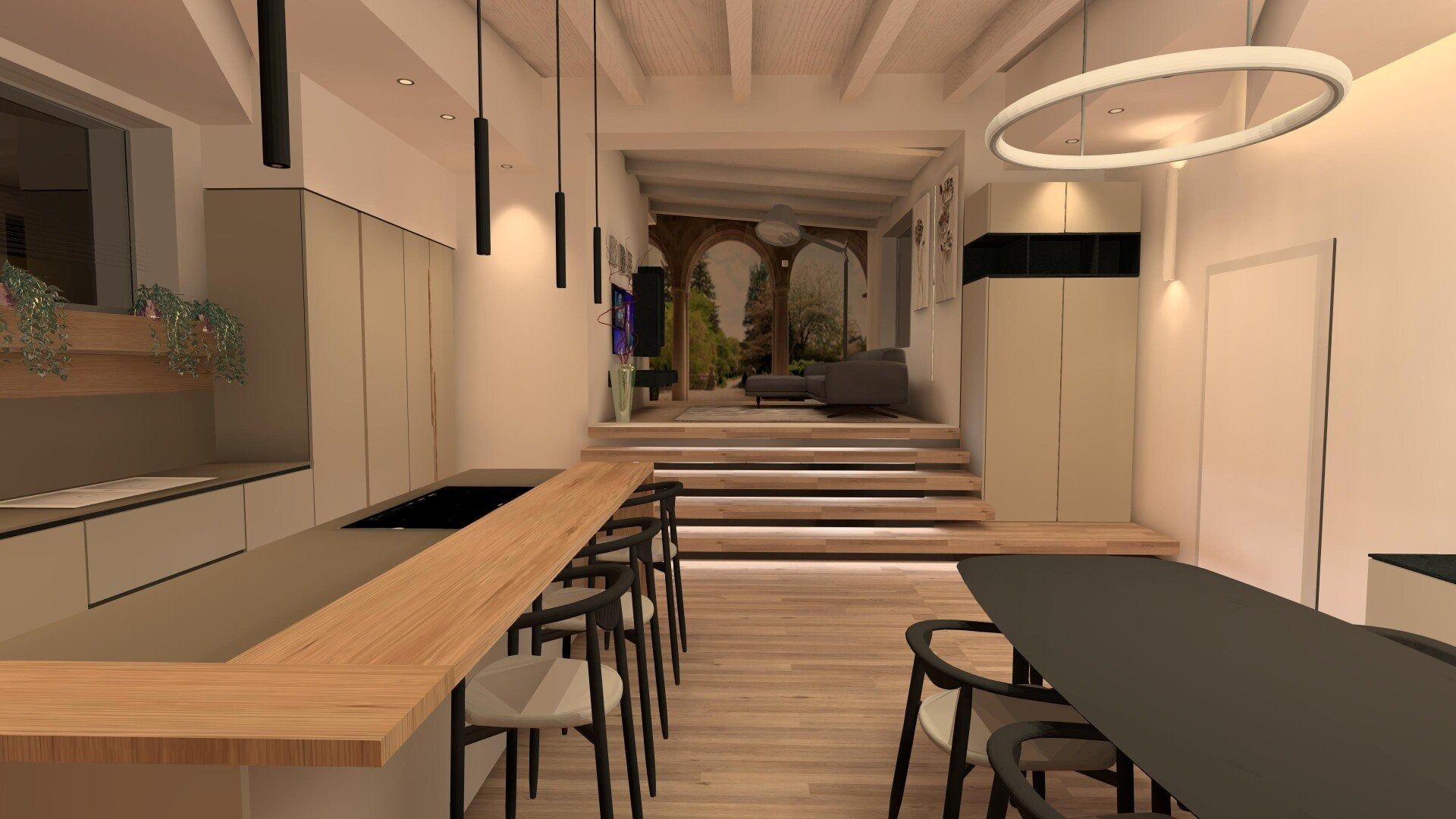 Interno moderno di un caffè con tavoli in legno