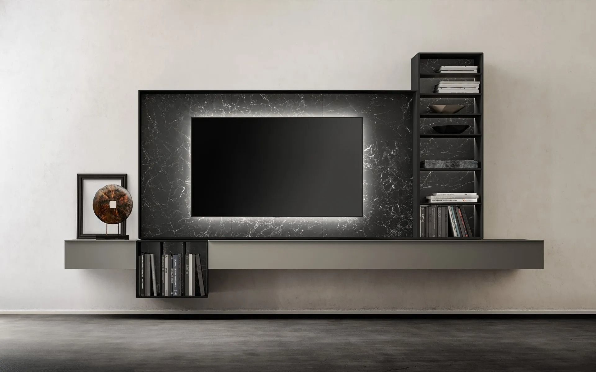 Mobile TV moderno a parete di colore nero con ripiani