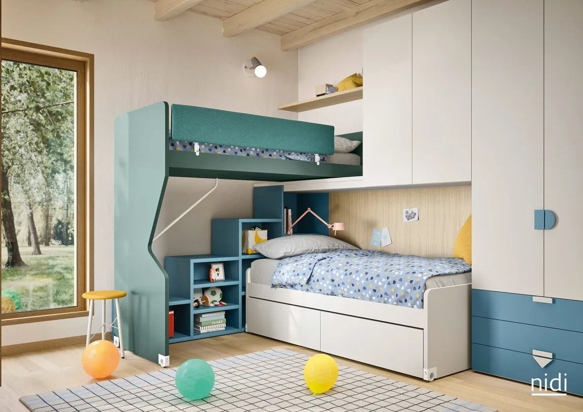 Camera da letto moderna per bambini con letto a castello color verde acqua