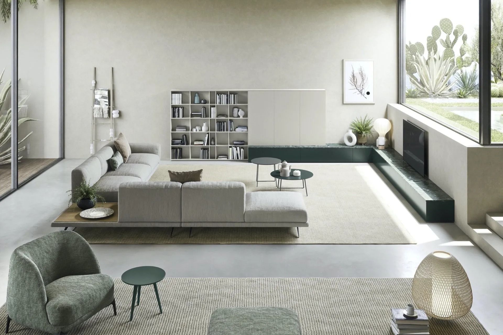 Soggiorno moderno e minimalista con divano componibile grigio, tavolino da caffè, tappeto e ampia finestra panoramica.