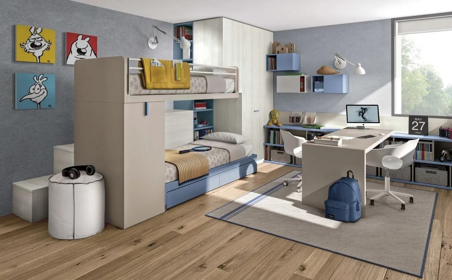 Camera da letto moderna per ragazzi con letto a soppalco, scrivania, scaffaliì